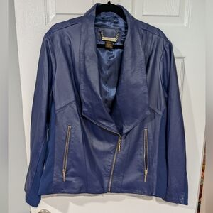 Iman Blue Genuine Leather Jacket in Size 2X with Gold Hardware